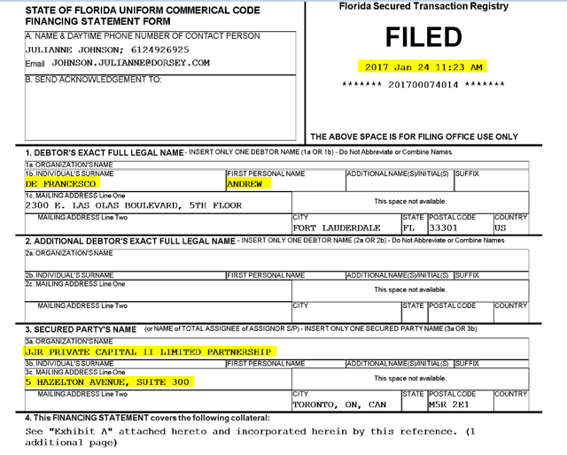 Per a Uniform Commercial Code ((UCC)) filing in Florida dated January 24th, 2017, (note that Nuuvera was created on January 30th, 2017) we see that JJR Private Capital secured a lien on DeFrancesco's interest in an entity that appears to hold real estate. 