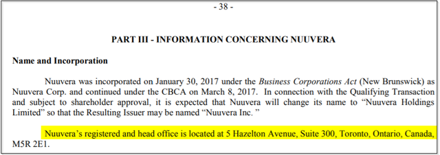 The address listed in the UCC filing, 5 Hazelton Avenue, Suite 300, corresponds to the address of both JJR Private Capital and to the address of Nuuvera, per a filing statement (Pg. 38):